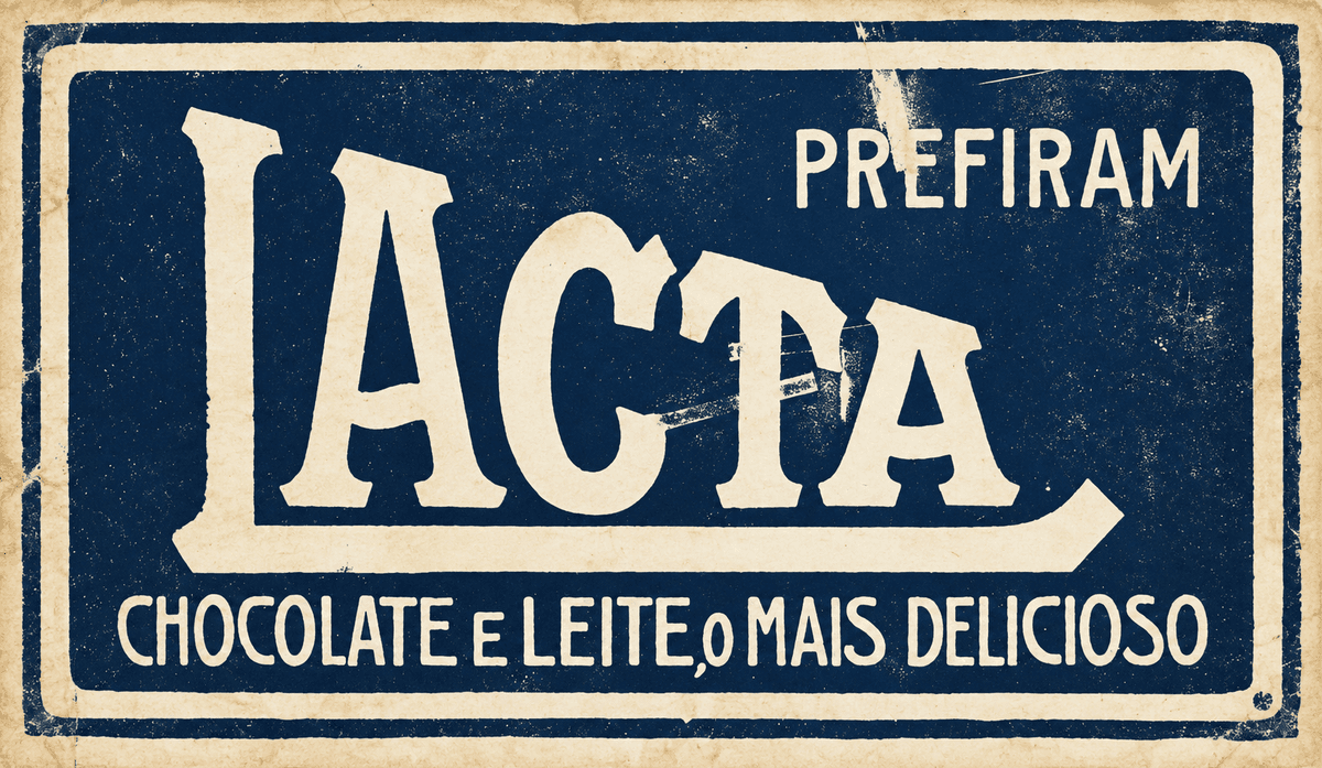 Placa antiga de propaganda do chocolate ao leite Lacta, em azul e creme. Fonte: Imagens divulgação.