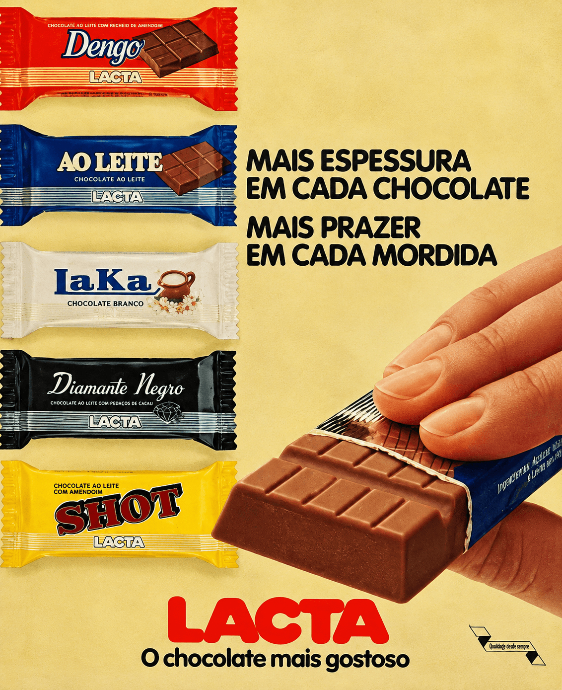 Anúncio da Lacta com os tabletes Dengo, Ao Leite, Laka, Diamante Negro e Shot e o slogan Mais prazer em cada mordida. Fonte: Imagens divulgação.